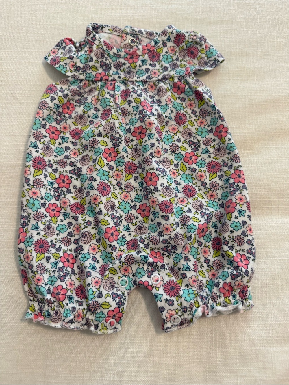 Baby Floral Bubble One-Piece Romper - White with Pink & Aqua Flowers